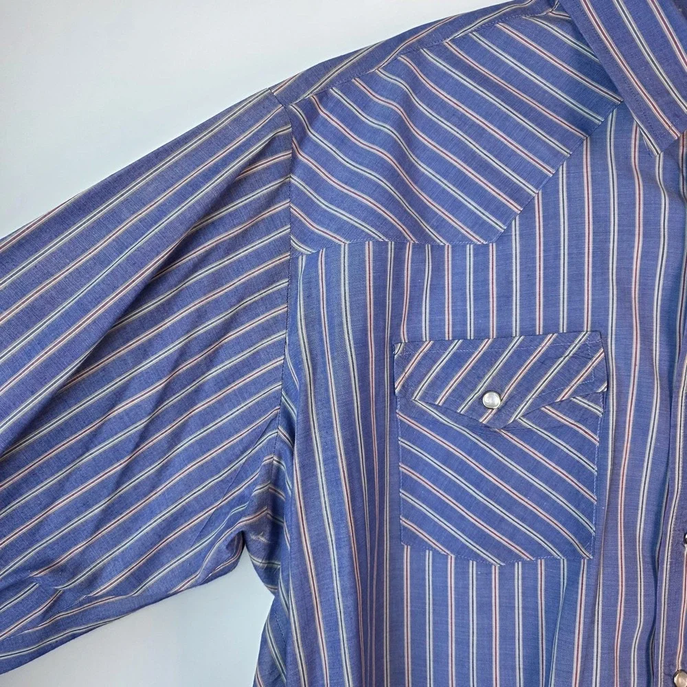 Sheplers Western Pearl Snap Shirt Blue Stripe Long Sleeve 2XLT Broken Snap‎ Cuff
